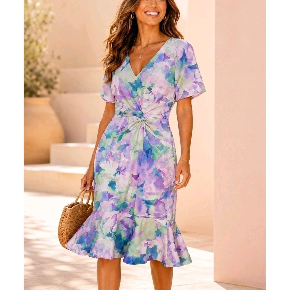 NWT London Times Petites Floral Summer Dress Purple Blue Twist Midi US 12P